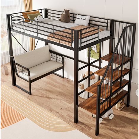 Litera 90x200 cm negra, MDF y metal, con escalera de almacenaje y sofa extraible (1/5)