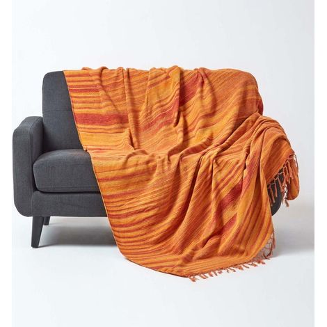 HOMESCAPES Bed Sofa Throw Cotton Chenille Tie Dye Orange, 150 x 200 cm (1/5)