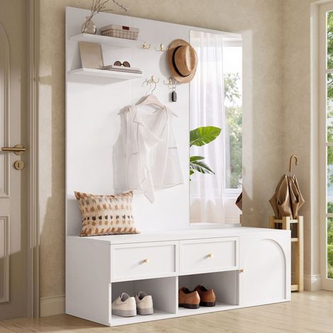 Meuble d'entrée mural blanc avec tiroirs, étagère et penderie à 5 patères, miroir et banquette inclus, rangement polyvalent pour couloir, dimensions 120x35x159 cm. (1/5)