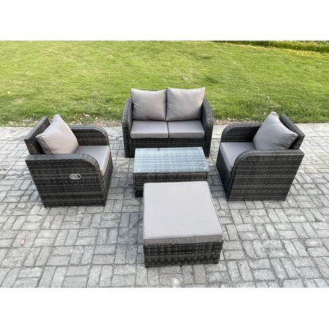 Fimous 5 PC Outdoor PE Rattan Gartenmöbel Set Wicker Liebe Sofa Couchtisch 2 Sessel Großer Fußhocker Dunkelgrau Gemischt (1/5)