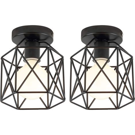 Vintage Ceiling Light Black Square Cage Pendant Lampshade Flush Mount Ceiling Lamp 2-pack