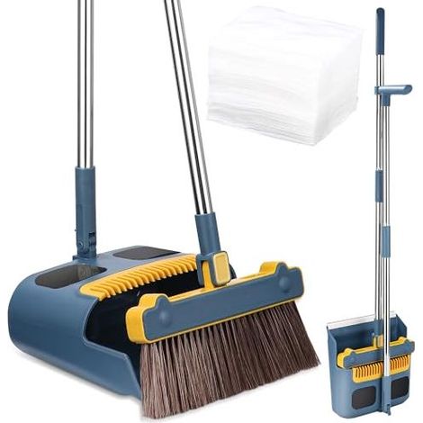 Pelle et Balayette Long Manche, Balai et Pelle Ensemble avec 30 pièces de Papier de dépoussiérage électrostatique, Rotatif à 180 Degrés de Balai pour Intérieur, Cuisine, Jardin (Bleu-Orange) (1/5)