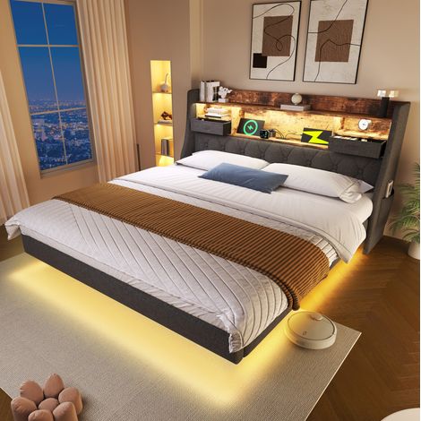 FLORAGRACE Cama tapizada flotante 180x200 cm en lino gris con LED, cabecero con USB y Type-C, almacenaje y estructura de metal, gris (1/5)