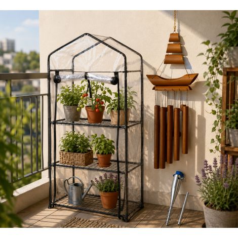 Ensemble de jardin pour serre de balcon (3 pièces) – Serre à 3 étagères, carillon éolien en forme de voilier et ancrage pour parasol (1/5)