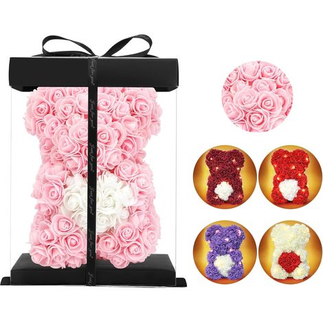 Ours En Roses - 25 Cm - Avec Guirlande Lumineuse - Boîte Cadeau Transparente - Idéal Pour Anniversaire Saint-Valentin Fête Des Mères - 1 Pièce (1/5)