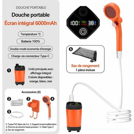 Douche de camping électrique portable orange 6000 mAh grand débit 6000mah 29 × 19 × 8 cm 950 g – Livraison gratuite