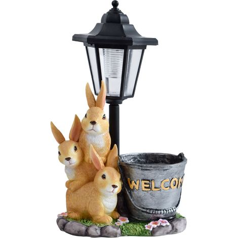 Lampe solaire de jardin en résine avec lapins et pot à fleurs, décoration extérieure pour balcon et terrasse (1/5)