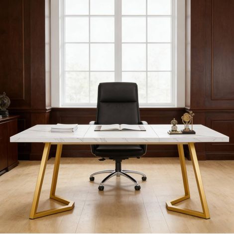 Scrivania in legno ingegnerizzato e metallo bianco e oro, stile moderno, piedini regolabili,140x80x75cm (1/5)