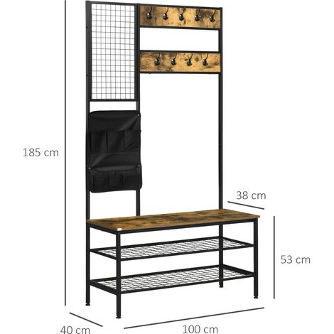 Garderobe im Industriedesign, 1 Memoboard, 1 Schuhbank, 8 Kleiderhaken, 1 Aufbewahrungstasche, Schwarz + Braun (1/5)