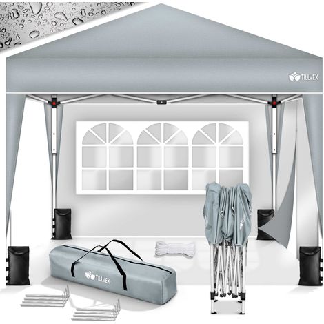 tillvex Carpa impermeable gris de 3 x 3 m con 2 paneles laterales y juego de 4 sacos de arena  Carpa plegable emergente, estable y de altura regulable  Carpa de jardín con protección UV 50+  Carpa par