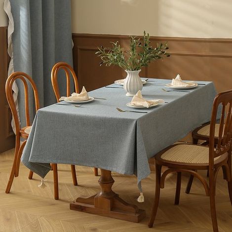 Tovaglia impermeabile color azzurro chiaro effetto lino con nappe (130x230 cm) (1/4)