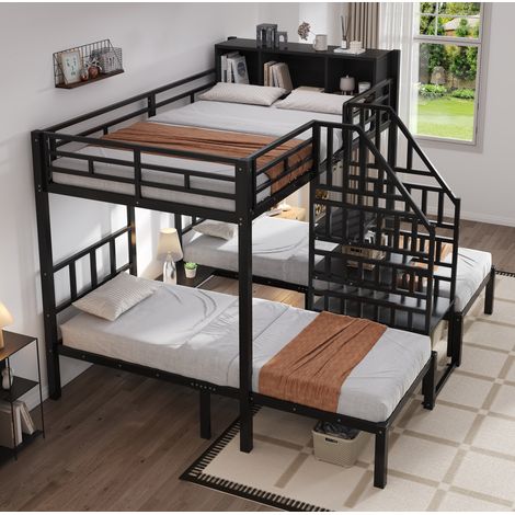 Letto castello 90x200 e 140x200 cm in ferro nero con scala per camerette senza materasso – MEUBLIV (1/5)