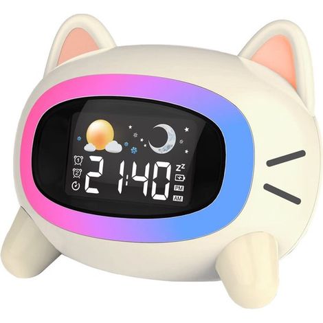 Reloj despertador infantil con luz nocturna，5 juegos de luces de colores，siete sonidos relajantes，temporizador de apagado automático，color blanco (1/5)