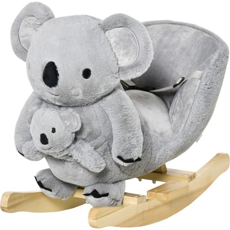 Cheval à bascule en peluche Koala rembourré avec sons, ceinture de sécurité et base en bois, 60x33x50 cm, gris (1/5)