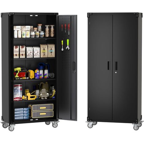 Armoire de rangement en métal avec roulettes – 183 cm, 4 étagères réglables, panneau perforé, capacité 272 kg, serrure magnétique – Placard robuste verrouillable pour garage, atelier, bureau ou maison (1/5)
