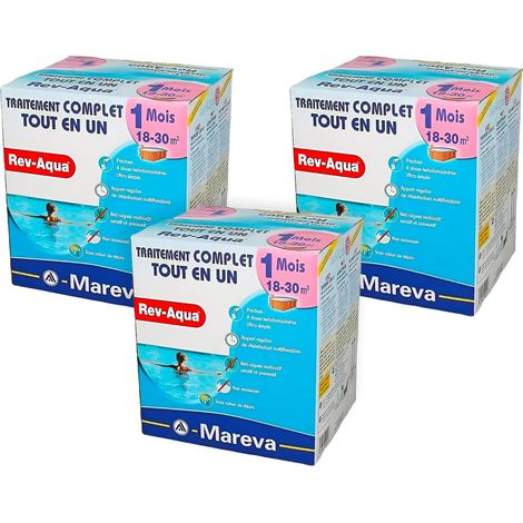 Mareva – Pack de 3 mois traitement piscine 18 à 30m³ – 4 en 1 – Eau cristalline sans effort – Utilisation toute l'année
