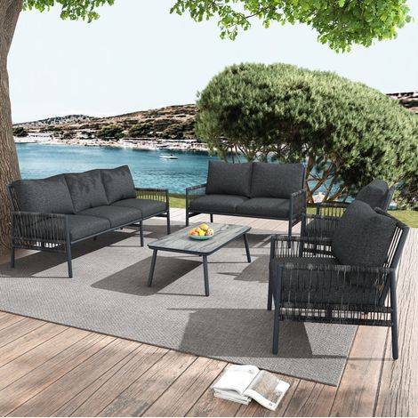 Conjunto de muebles de jardín 7 plazas en PE ratán gris con acero galvanizado, mesa de centro con cristal templado y cojines (1/5)