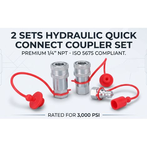 Lot de 2 raccords rapides hydrauliques à clapet avec capuchons anti-poussière, filetage 1/4" NPT ISO5675 (1/5)