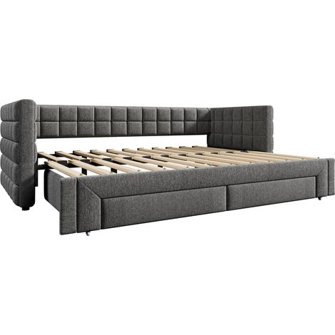 Sofá cama extraíble 90 x 200 cm en terciopelo gris con respaldo capitoné y 2 cajones MODENUIT (1/5)