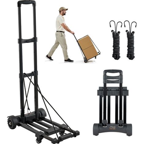 Diable Pliant 4 Roues, Chariot à Bagages Pliable, Capacité de Charge 131,5 kg, 2 Cordes Élastiques, Base Extensible, Chariot Utilitaire pour Déménagement, Manutention, à l'Aéroport, Bureau, Noir (1/5)