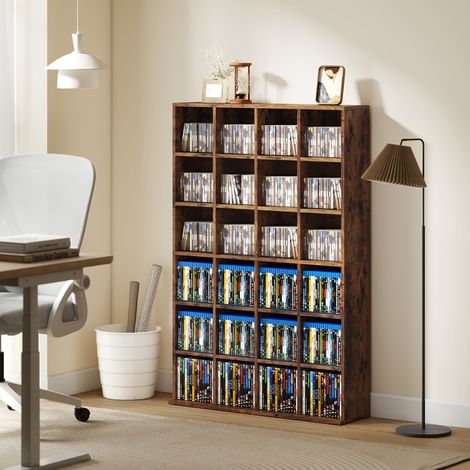 Meuble Rangement 456 CD / 336 DVD, Multimédia, 24 Compartiments, 16 Étagères Ajustables, Marron (1/5)