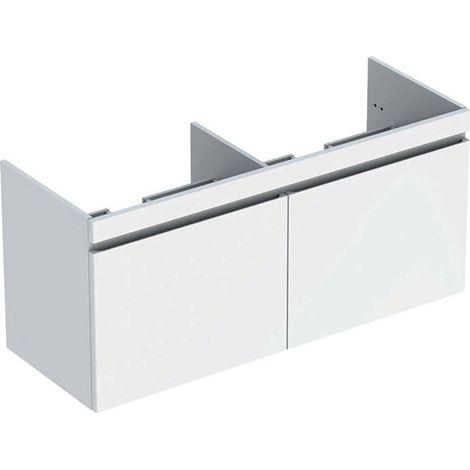 Mueble bajo para lavabo doble para mueble Geberit Renova Plan, con dos cajones y dos cajones ingleses: Ancho 129cm, Alto 58,5cm, Fondo 47,3cm, Blanco / Lacado alto brillo