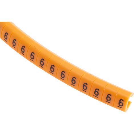 Repère câble à pression , Ø câble 4  5mm, texte : 6, Noir sur Orange ( Prix pour Bobine de 100 )