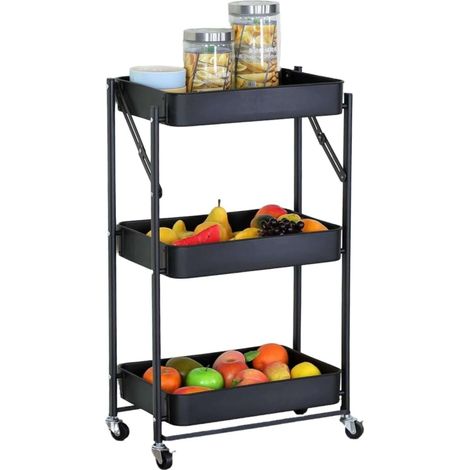 Carrito Auxiliar Frutero de Cocina Plegable Lida Roble Cambrian Negro con 3 Baldas y 3 Cestos Metal 45x77x29 cm