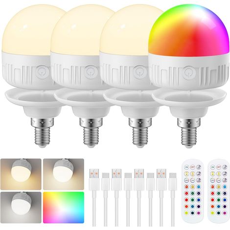 Lot de 4 ampoules LED rechargeables avec télécommande, E14 à intensité variable, couleurs RVB avec batterie, 8 W Touch Control avec fonction de minuterie, éclairage de secours avec aimant (1/5)