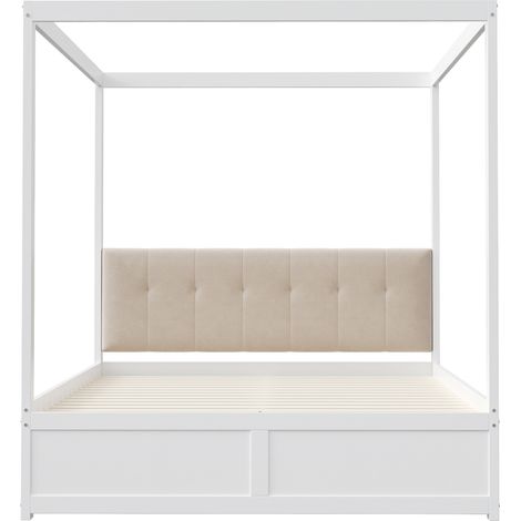 Letto a baldacchino 204x142x160 cm, design a tenda, schienale imbottito, cassetti, bianco (1/5)