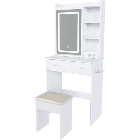 Coiffeuse MDF blanche avec miroir et LED réglable, prises/USB, tabouret inclus – 60x36x136 cm (1/5)