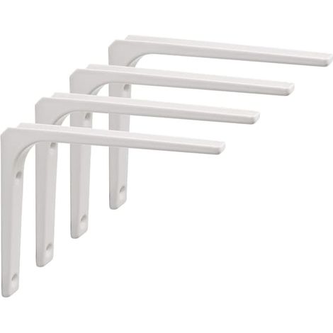 Supports d'étagère robustes, fixations métalliques blanches en forme de L à 90°, lot de 4, 150 x 125 mm, pour montage mural et étagères d'angle. (1/5)