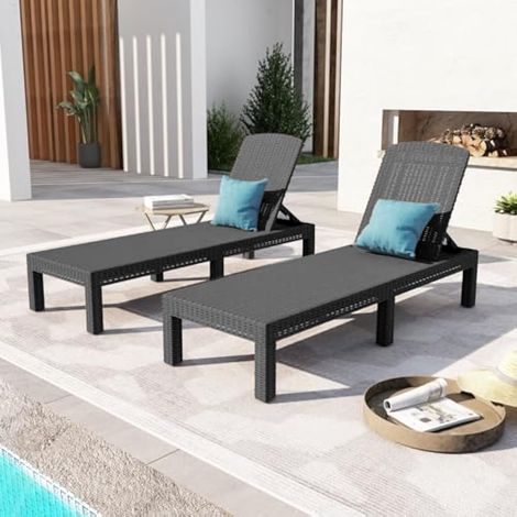 Bolli – Lot de 2 transats de jardin – Résine imitation rotin tressé – Dossier réglable – Résistant aux intempéries – Dimensions 59x187x28 cm