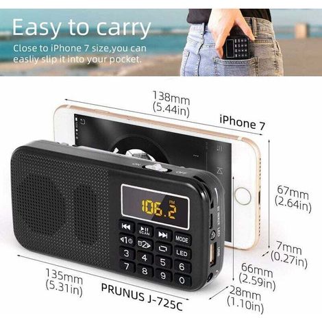 Radio Portable, Radio FM avec Batterie Rechargeable de Grande Capacité (3000mAh), Prise en Charge MP3 / SD/USB/AUX,Noir (1/4)