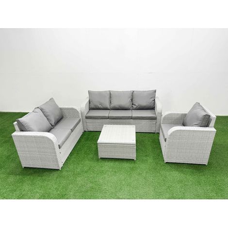 Fimous Patio PE Wicker 6 Seater Outdoor Rattan Furniture Sofa Sets with Square Coffee Table Reclining Chair Loveseat Sofa 3 Seater Sofa Light Grey (1/4)