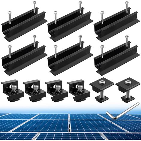 Kit de 12 Fixations en Aluminium pour Panneaux Solaires  6 Rails Courts de 120mm, 4 Pinces d'Extrémité en Z et 2 Pinces Centrales Supports en T, pour 30/35mm Panneau Solaire, Noir (1/5)