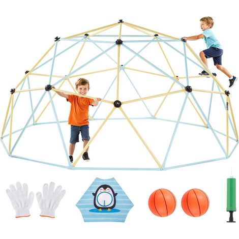 Dôme d'Escalade Géométrique 305 cm, Cage à Grimper avec Filet et 2 Ballons de Basket, Cage à Écureuil Solide Charge de 453 kg, Aire de Jeux d'Extérieur pour Arrière-cour, Bleu et Jaune (1/5)