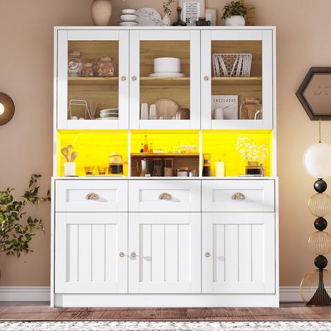 Buffet haut 140x40x175 cm avec LED blanc noir meuble cuisine vitrine étagères réglables armoire rangement moderne (1/5)
