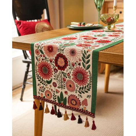 Camino de mesa de 33 x 183 cm, serie de borlas de estilo retro-lujoso para la decoración de mesas de cocina y comedor (flores de primavera).
