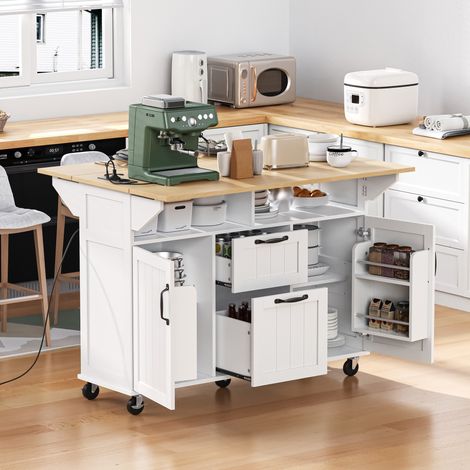 Carrito de cocina con 5 ruedas, bandeja de mesa plegable, toallero, estantes abiertos, compartimentos con puertas y 2 cajones, blanco (1/5)