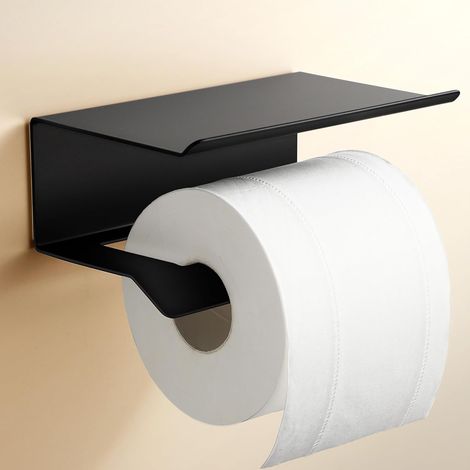 Support Papier Toilette avec Étagère, Porte Papier Toilette Mural en Acier Inoxydable, Dérouleur Papier Toilette Auto Adhésif Convient pour La Salle De Bains Et Les Toilettes, Noir Mat (1/5)