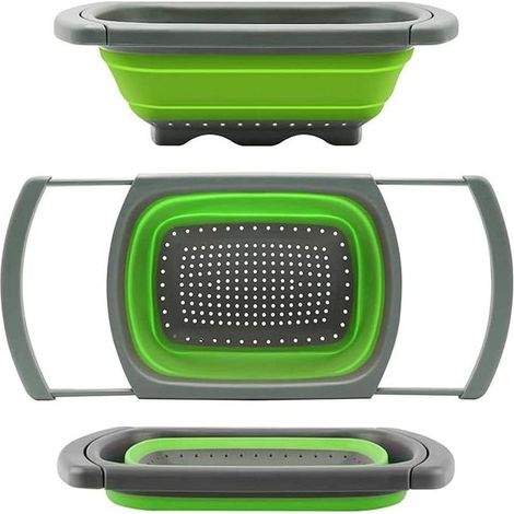 Filtre Pliable, Passoire de Cuisine avec Poignée Extensible, Grille de Séchage Pliable pour Évier en Silicone pour les Pâtes, les Légumes, les Tartes et les Fruits Vert (1/4)