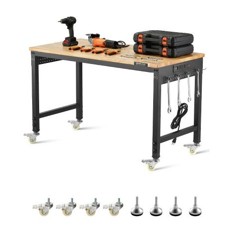 Werkbank 1220x610x711-1003mm, 907 Tragkraft, Werkbank mit Steckdose, Rädern und Stecktafel, robuster Arbeitstisch mit Eichenholzplatte für Garage, Werkstatt, Büro und Zuhause (1/5)
