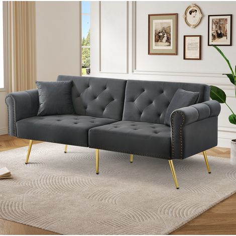 Sofá-cama 147x85 Cm Terciopelo Gris Antiguo, Respaldo 3 Posiciones Independiente Y Patas Doradas (1/5)