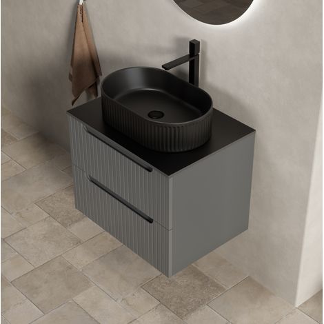 Mueble lavabo suspendido 60 cm con lavabo ovalado negro y encimera sinterizada, gris oscuro (1/5)