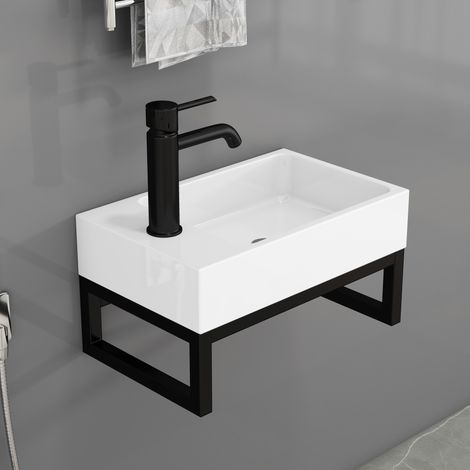 Lavabo mural mini de cerámica 40,2 x 25,1 x 21 cm blanco mate con marco negro, OKMYHOME (1/5)