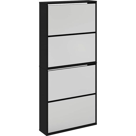 Schuhschrank mit Spiegel, 4 Ebenen, schwarz, 63x17x134 cm