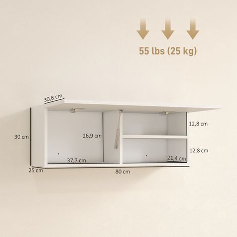 Meuble de salle de bain mural avec porte rabattable, vérin à gaz, étagère, 80 x 25 x 30 cm, blanc (1/5)