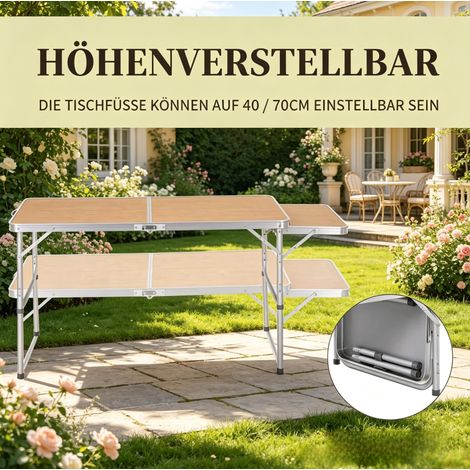 Table pliante d'extérieur réglable en hauteur en aluminium et MDF imitation bambou, 120 x 60 cm (1/5)