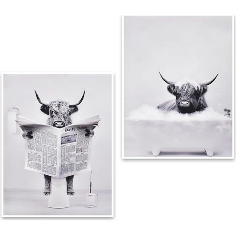 Highland Vache sur toile, art mural, noir et blanc, pour salle de bain, toile sans cadre, 21 x 30 cm (1/5)